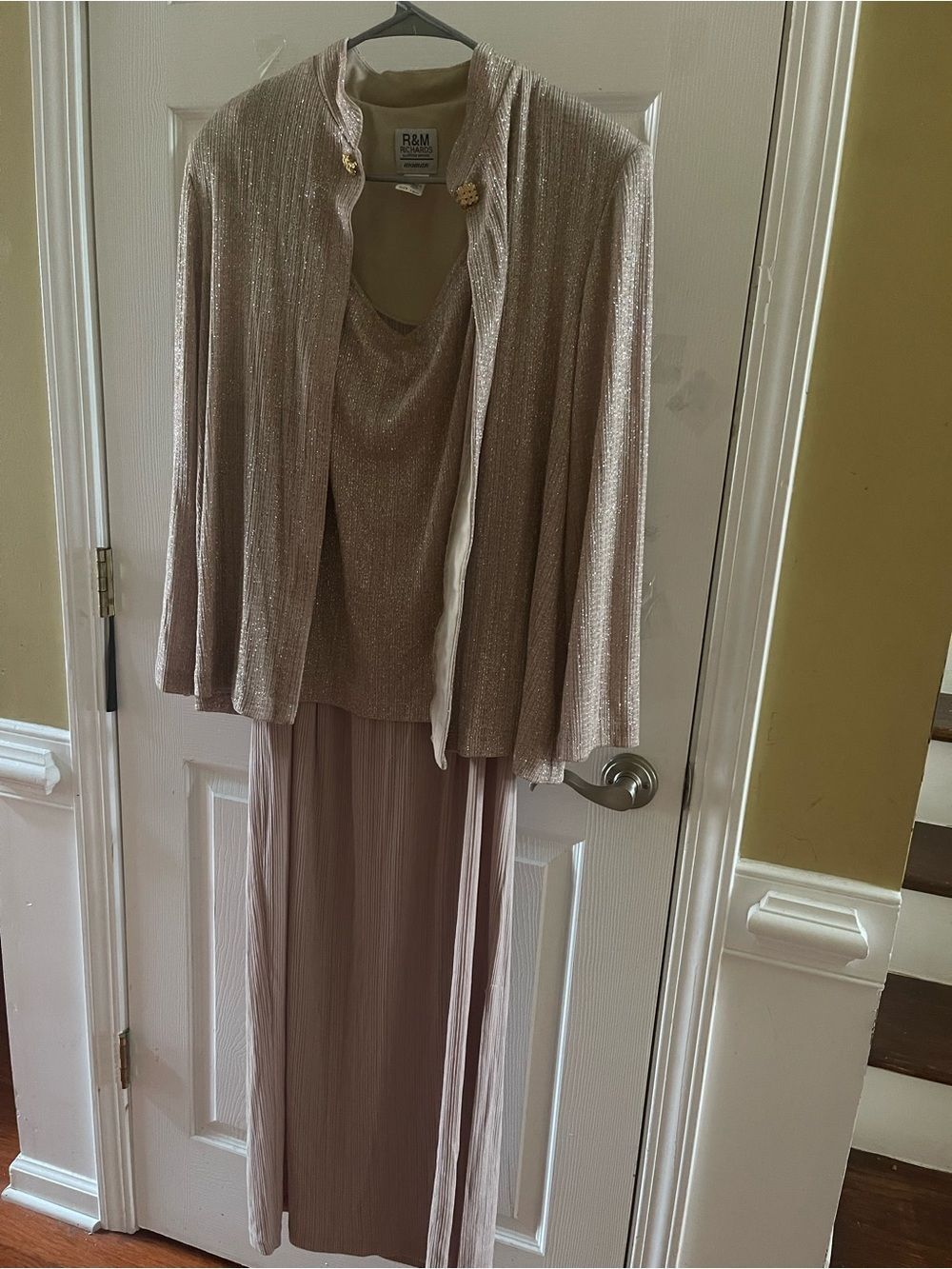 R&M Richards Shimmery gold two piece maxi Evening Ensemble SZ16W.